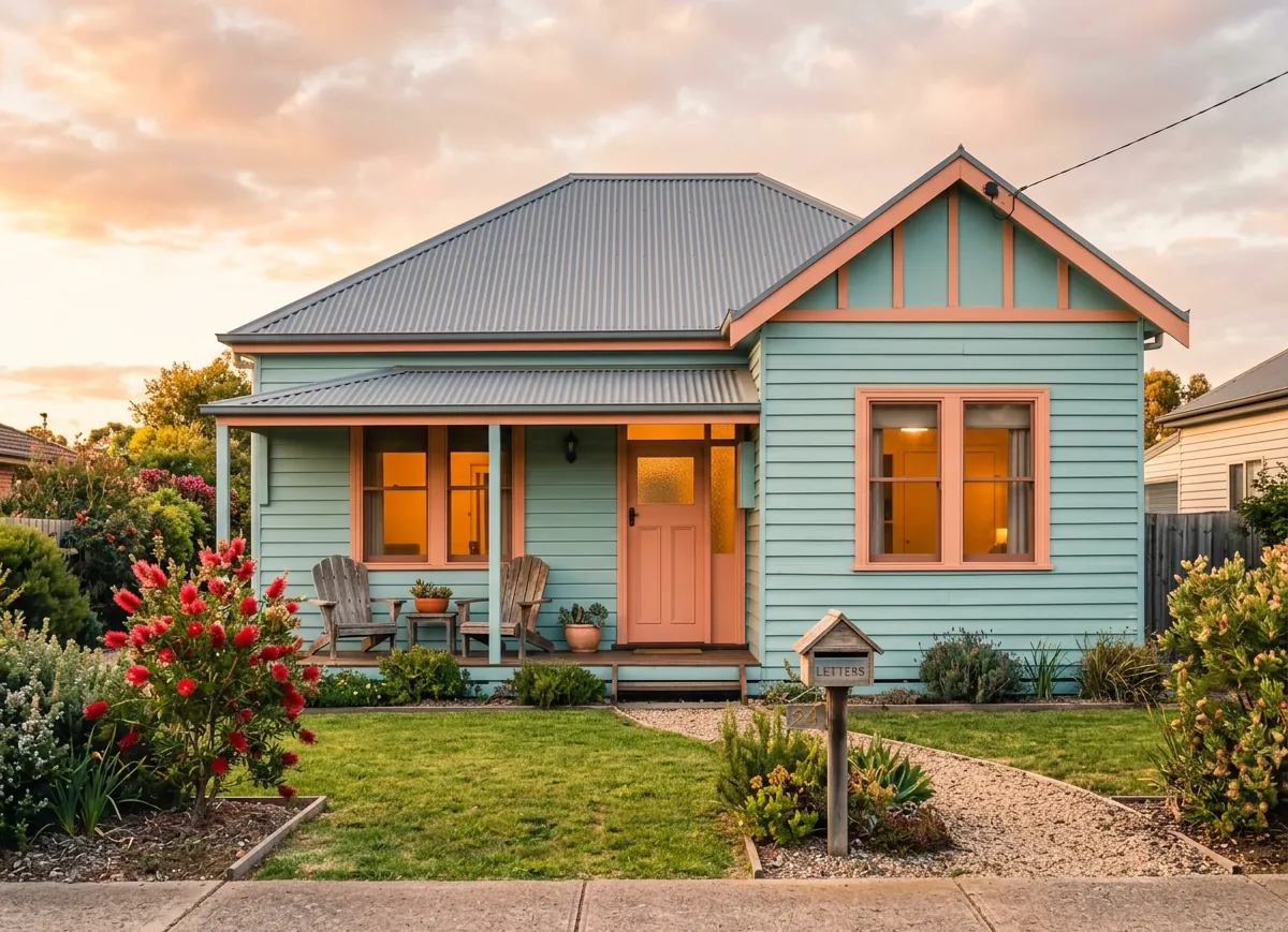 Weatherboard cottage with a coral front door and verandah