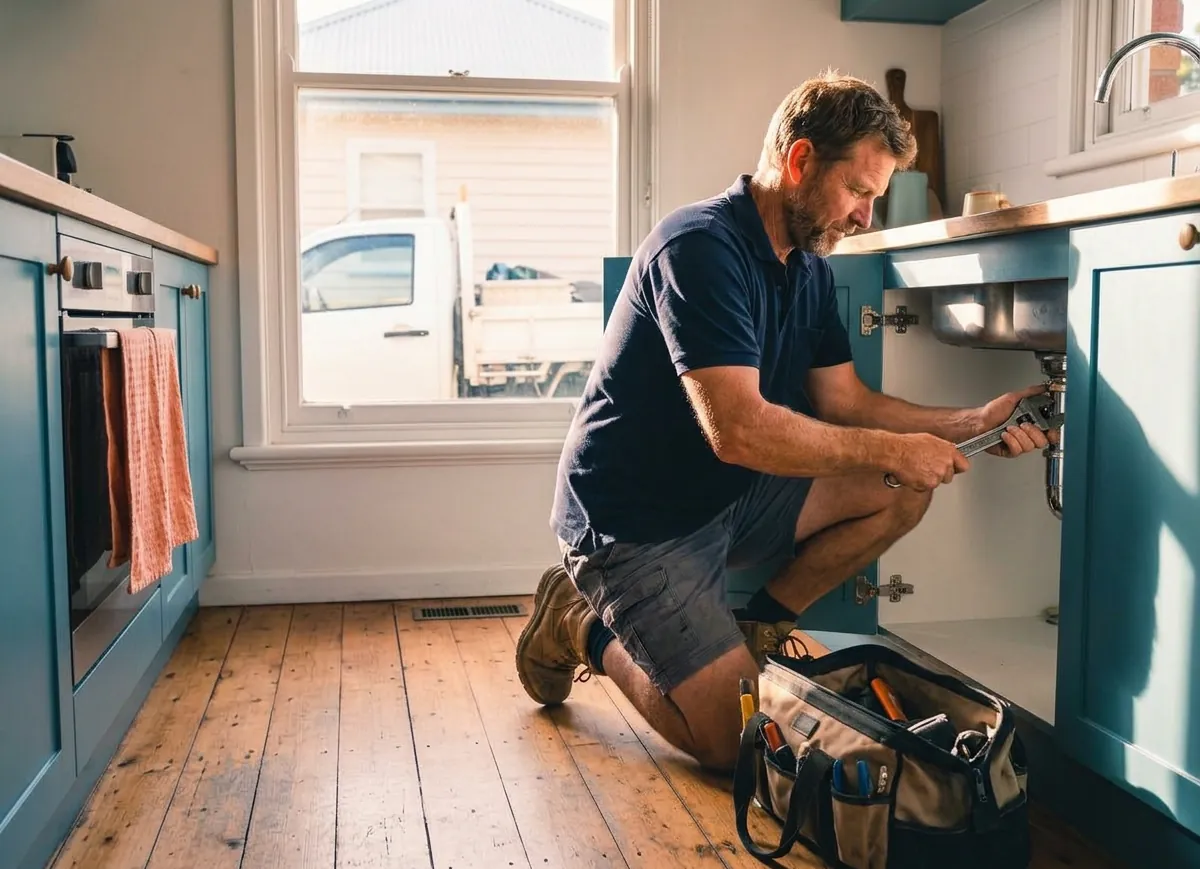 Plumber fixing the waste pipe under a kitchen sink