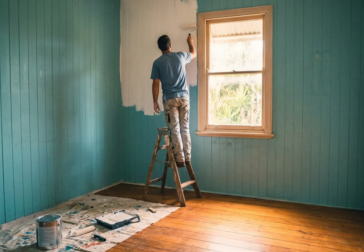 Painter rolling white over a teal timber wall in a Queenslander bedroom
